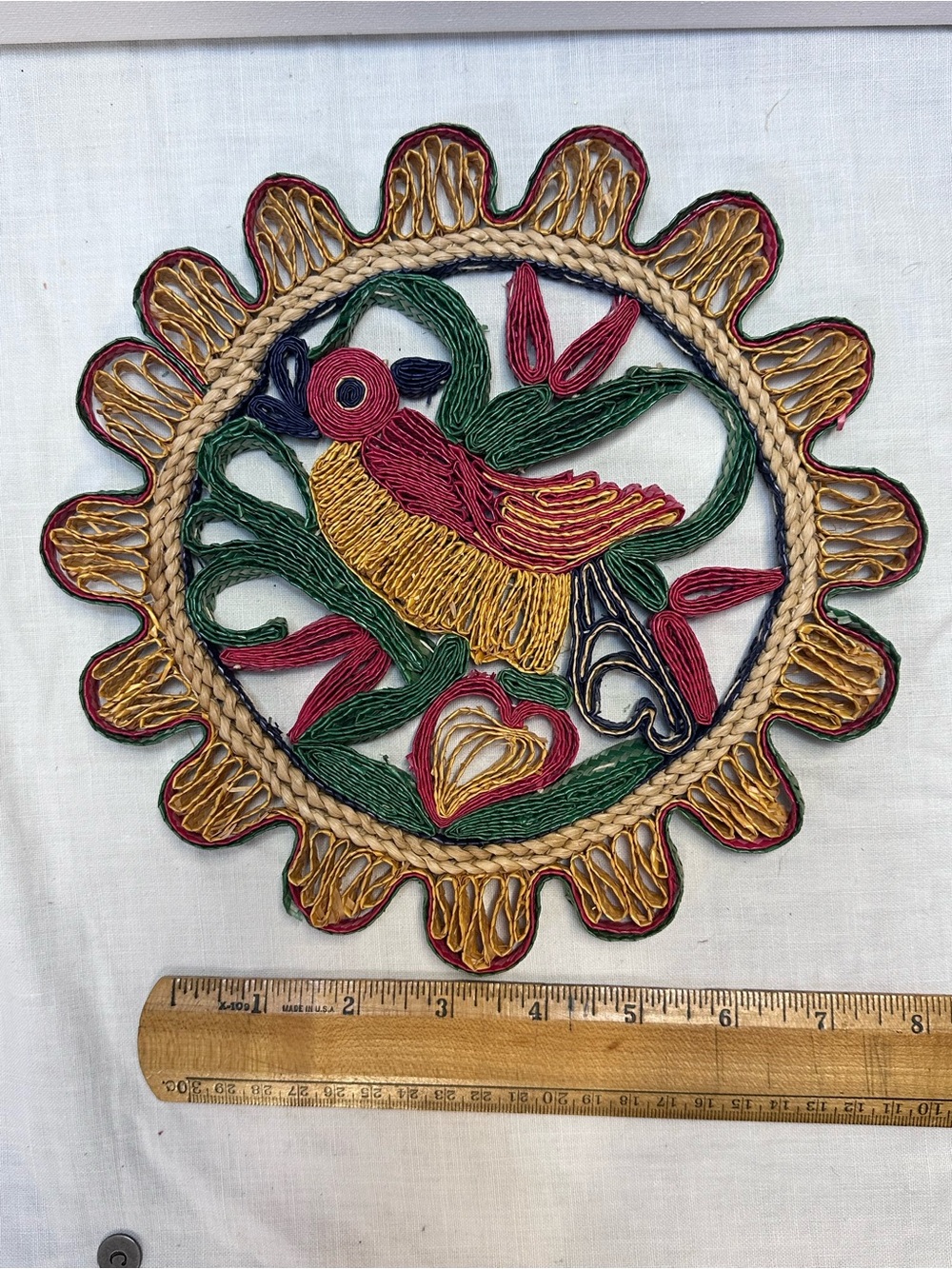 Vintage Wicker Bird Trivet Rattan Hot Pad Woven Straw Raffia Multi Color 1960s